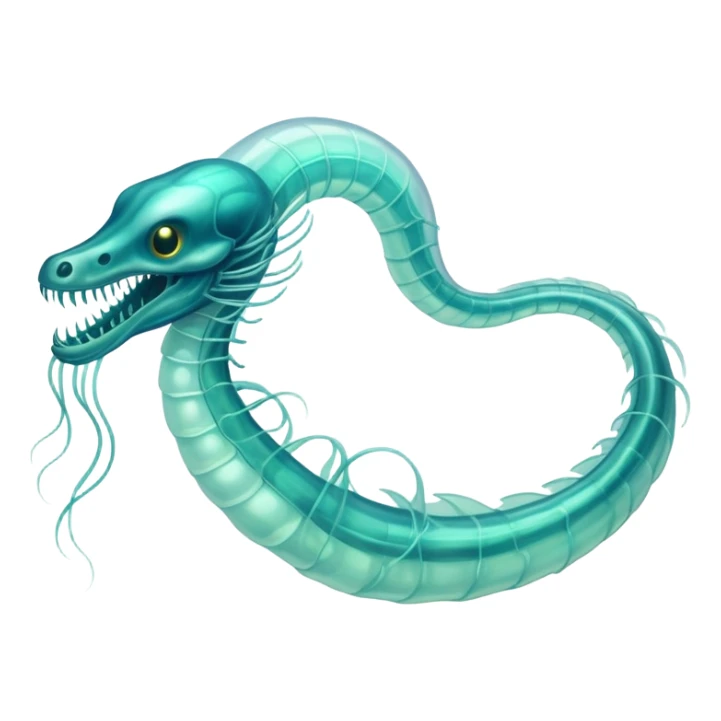 A phosphorescent deep-sea serpent with translucent scales that reveal its glowing skeleton, possessing both jellyfish-like tendrils and the ability to generate electrical pulses that illuminate the ocean depths. sticker