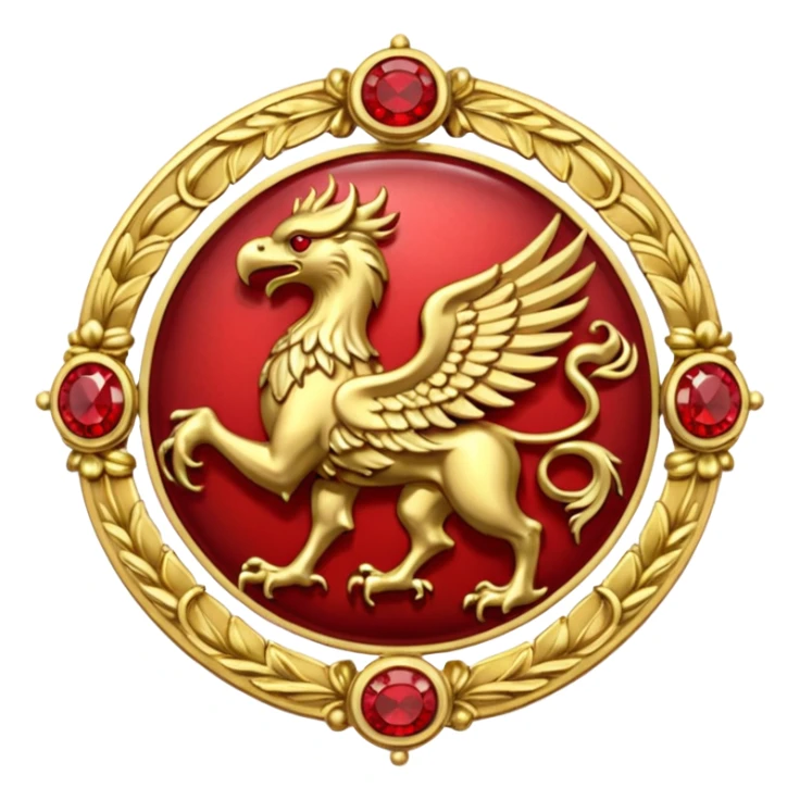 Golden griffin crest / brosch in a circle with red gems and no background sticker