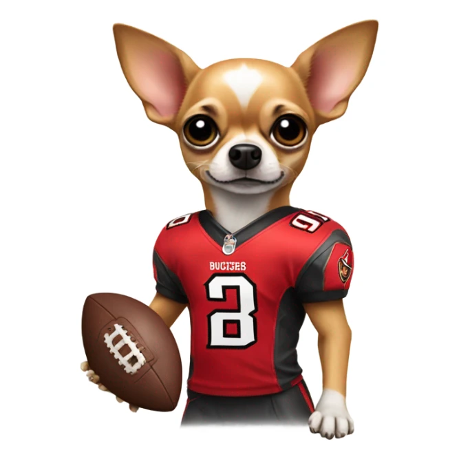 Chihuahua playing football wearing a buccaneers jersey sticker