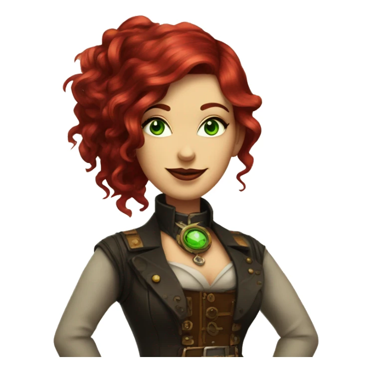 a steampunk woman with ruby red hair and green eyes looking pleased sticker