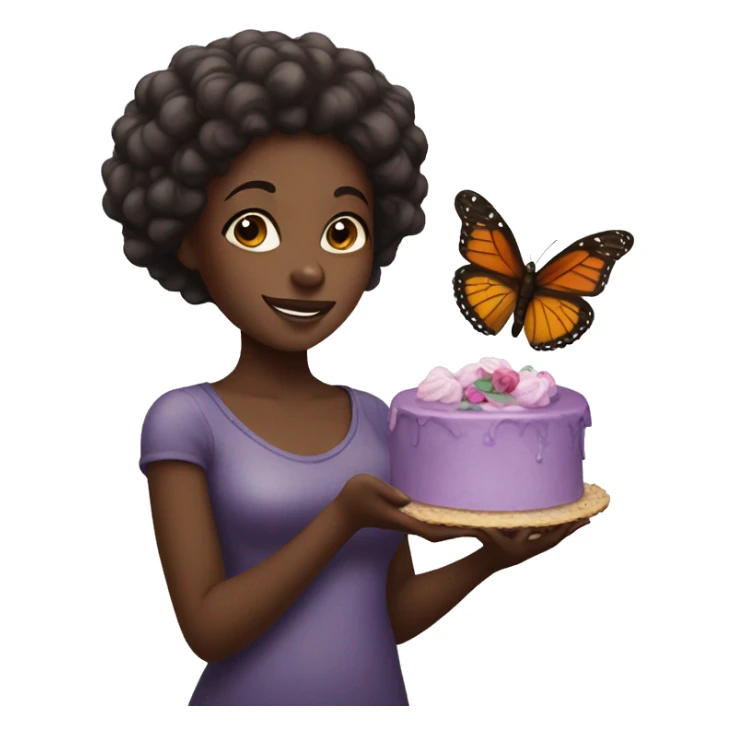 Black girl holding a butterfly with a cake sticker