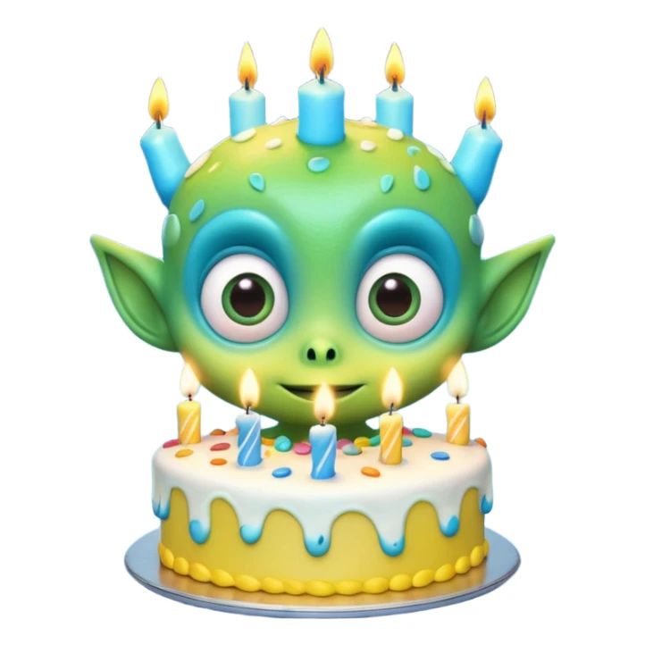 A cute friendly alien holding a birthday cake with candles, big expressive eyes, bright colors, cartoon style, playful atmosphere, 3D animated look, Pixar-inspired, highly detailed
 sticker