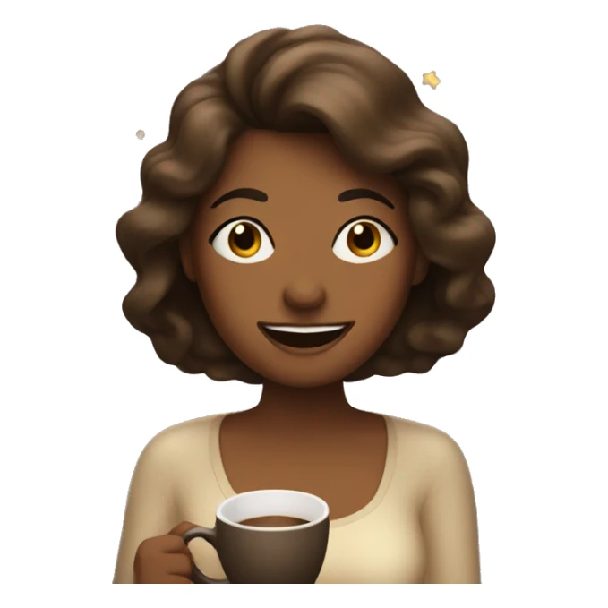 woman with coffee and star sparks and a relieved face sticker