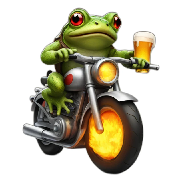 Toad in a motorbike with a beer in one and and fire exaut sticker