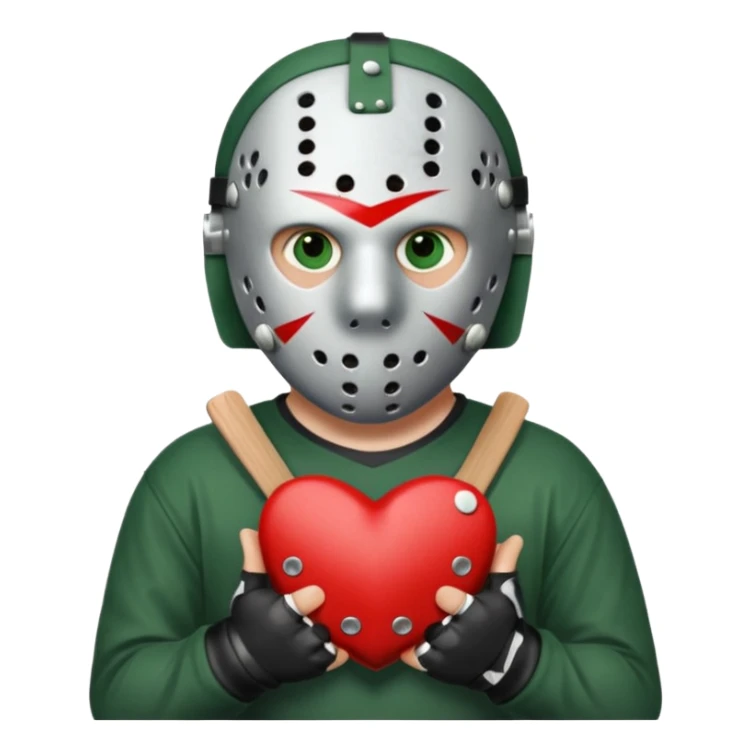 a cartoon image of Jason Voorhees, looking cute, with his hands clasped in front of him, at a sideways angle, looks like he is in love sticker