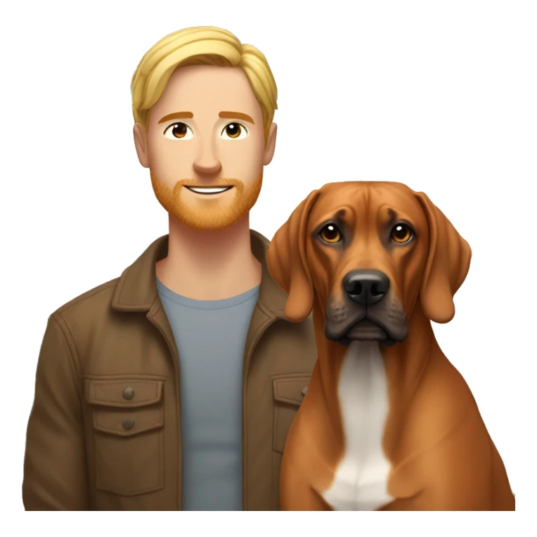 white male with long rainbow colored hair standing alongside a brown rhodesian ridgeback sticker