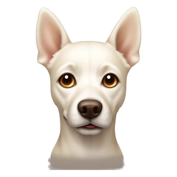 cream white colored dog, pointy ears, brown eyes, light brown nose sticker