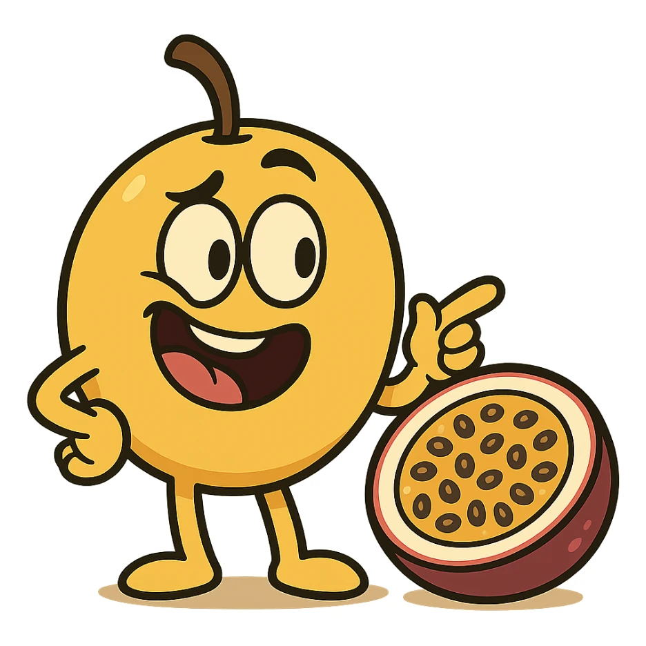 maracujá fruit, cartoon style, bold outlines, bright colors, playful expression sticker