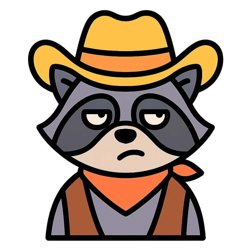 raccoon dressed as a cowboy, rolling his eyes, color outline icon sticker