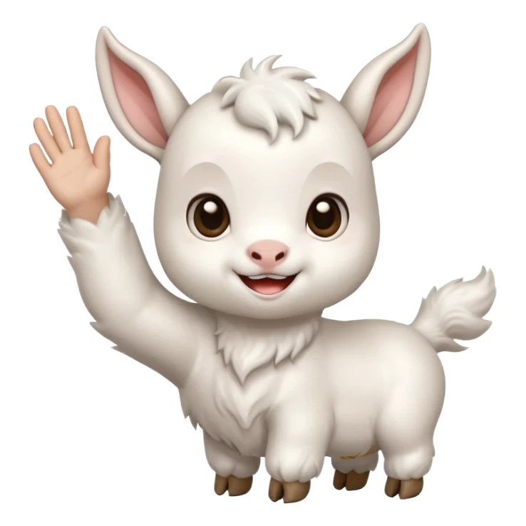 Chibi baby goat with a joyful expression, waving hello with one hoof, simple clean chibi stickers style, designed for a small emote, white background. Make sure that the hoof is not a hand. sticker