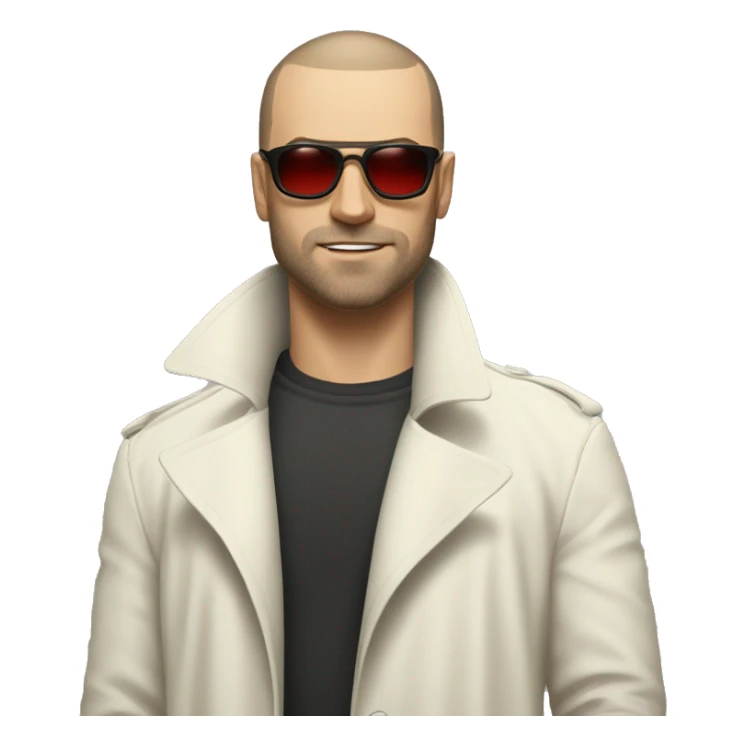 <excerpt>
A white man with real buzz cut Black hair, beard stubble donning small red tinted sun glasses in a dirty white trench coat, is serious.
</excerpt> sticker