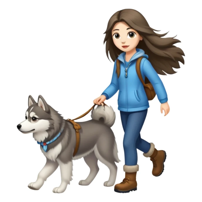 A long-haired girl walking a husky sticker