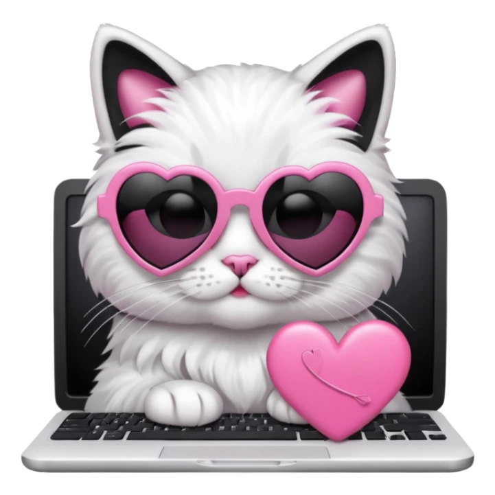 Black and white cat with pink ribbon and black cool sunglasses doing pink computer with pink heart sticker