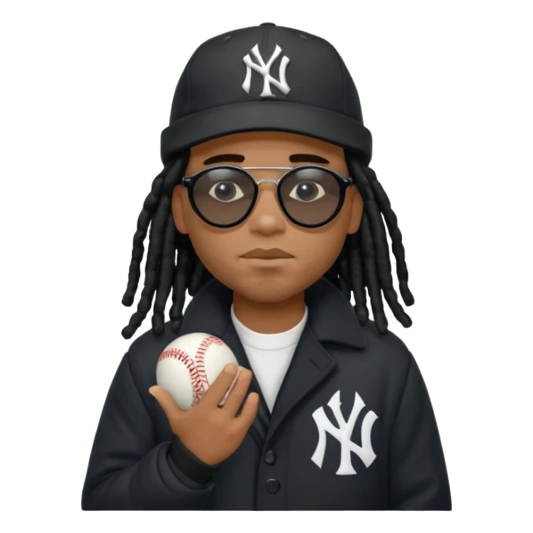 African American man with shoulder length black dreadlocks wearing black sunglasses with black bubble winter coat wearing a New York Yankees baseball hat with hands thinking on face sticker