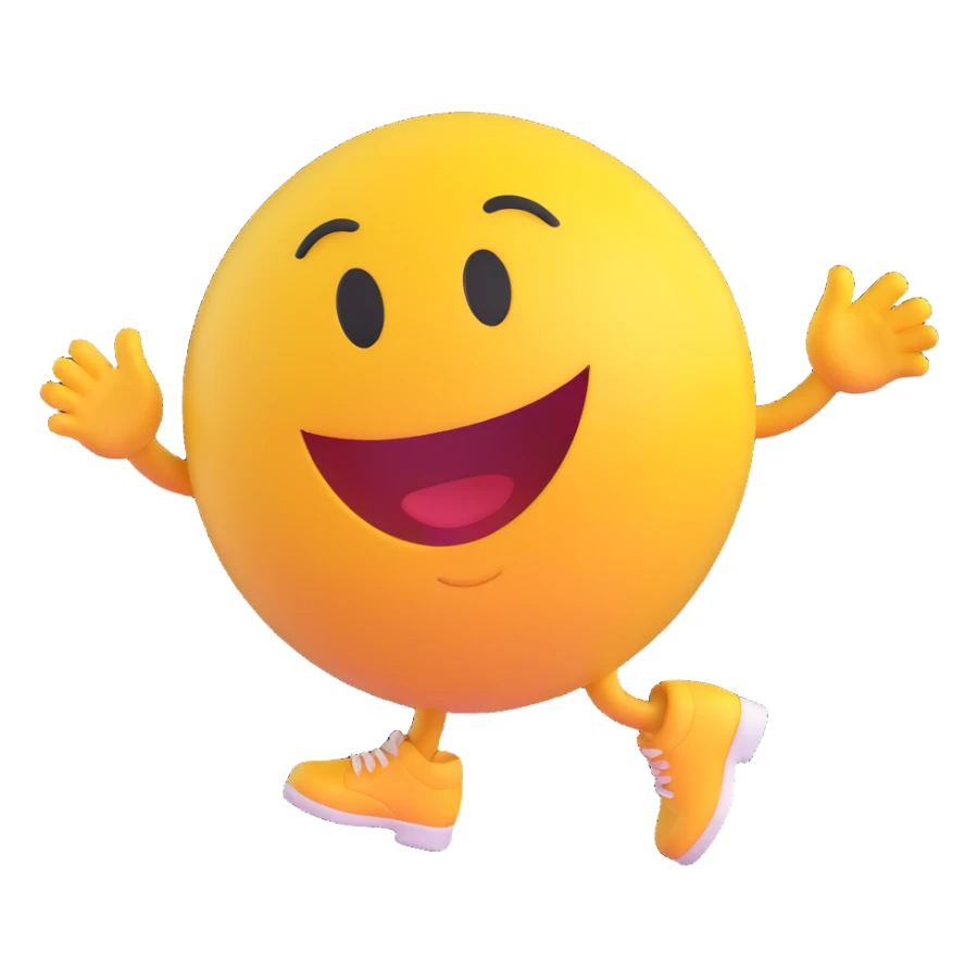 3D smiley emoji, round shape, student dancing at university party, red color, cheerful face sticker