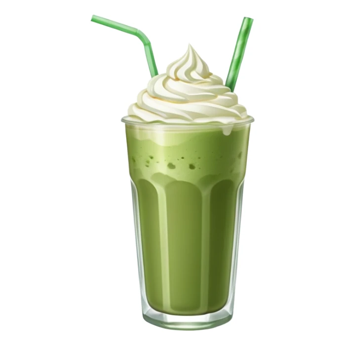 iced matcha latte in a tall clear glass with straw and whipped cream sticker