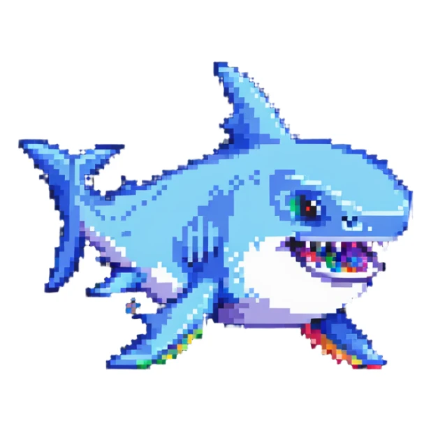 cute shark in colorful shoes in pixel art style sticker