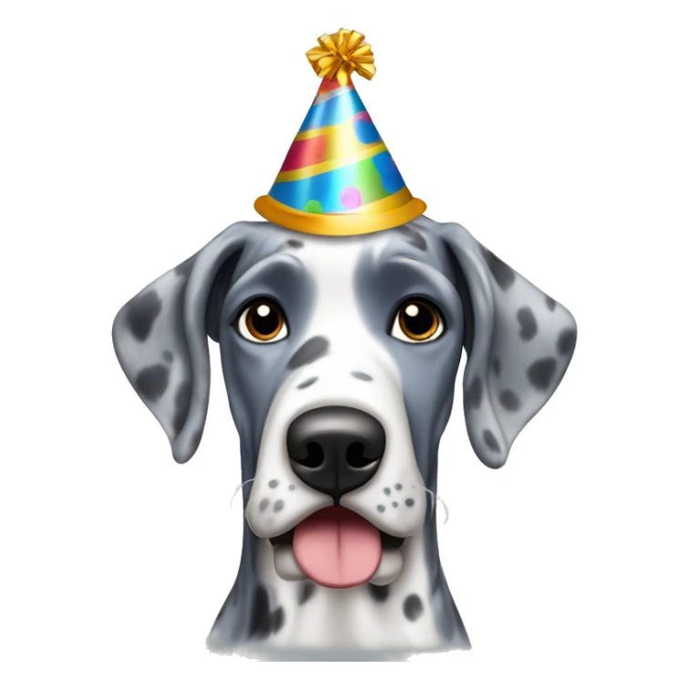 Blue Merle Great Dane wearing party hat sticker