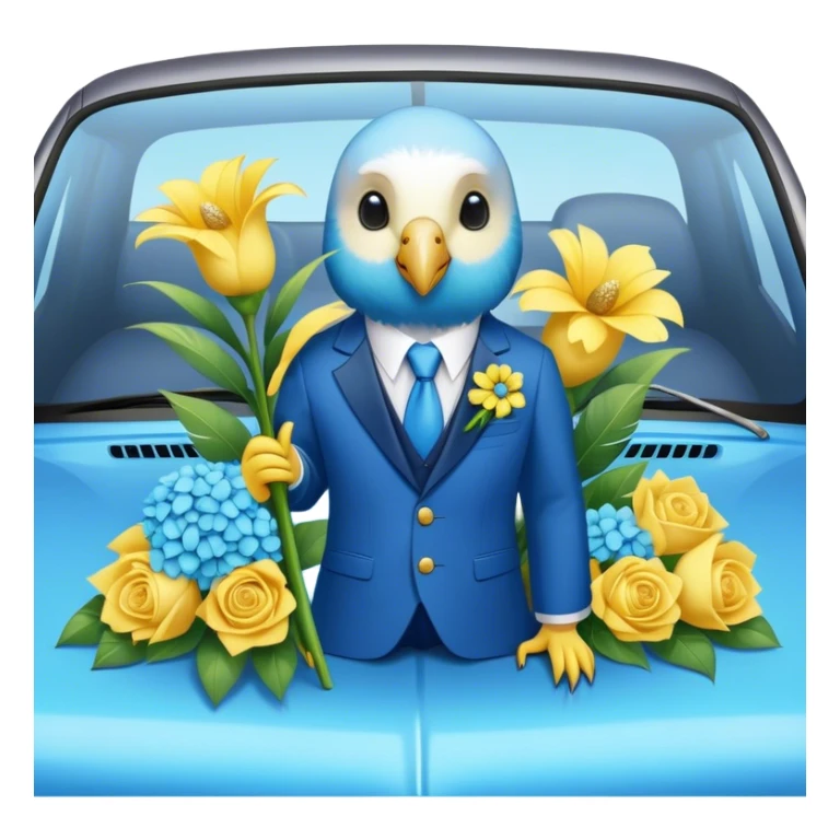 cute budgie on a car in a suit holding flowers  sticker