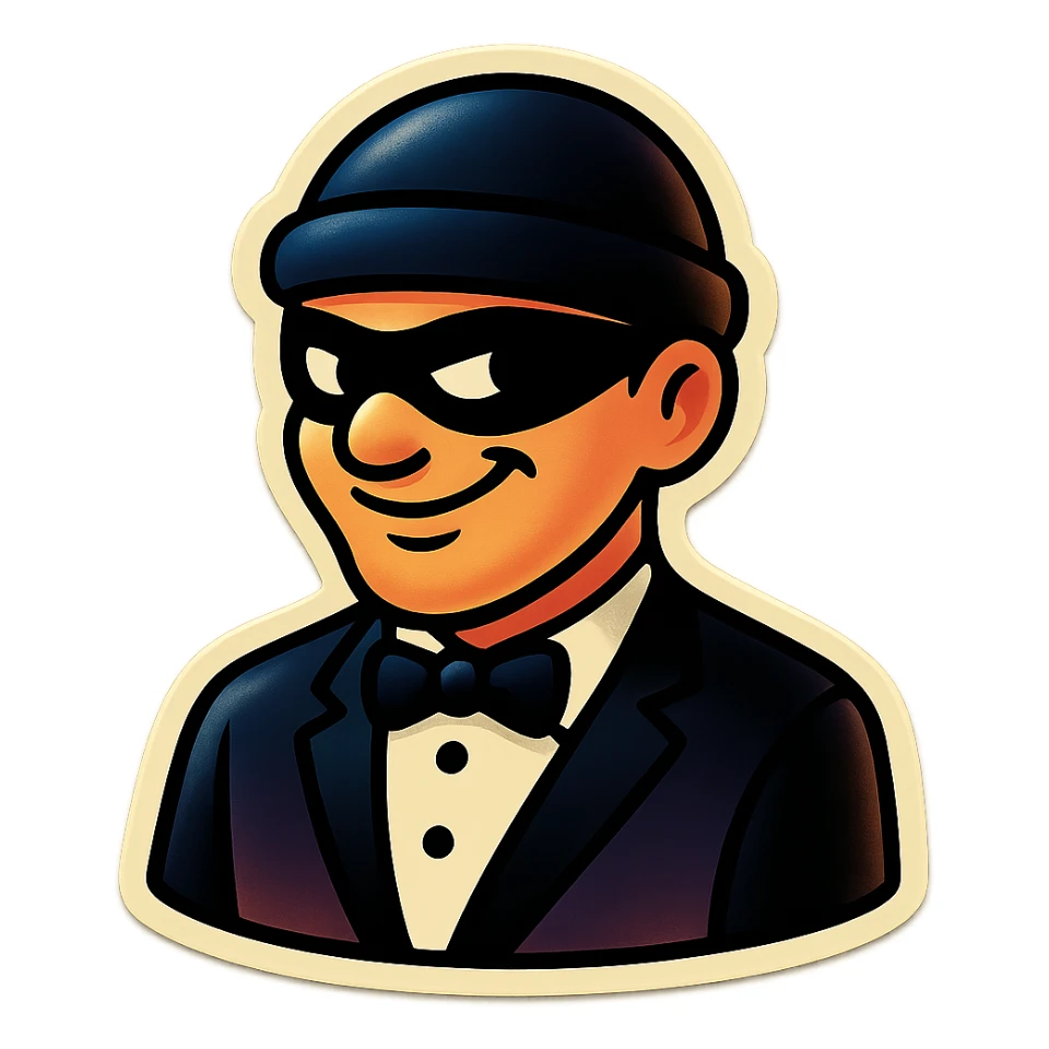 thief emoji in a black and white tuxedo, sly grin, simple background sticker