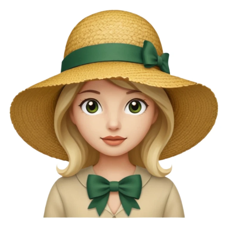 light beige women's straw hat with large brim and dark green bow sticker