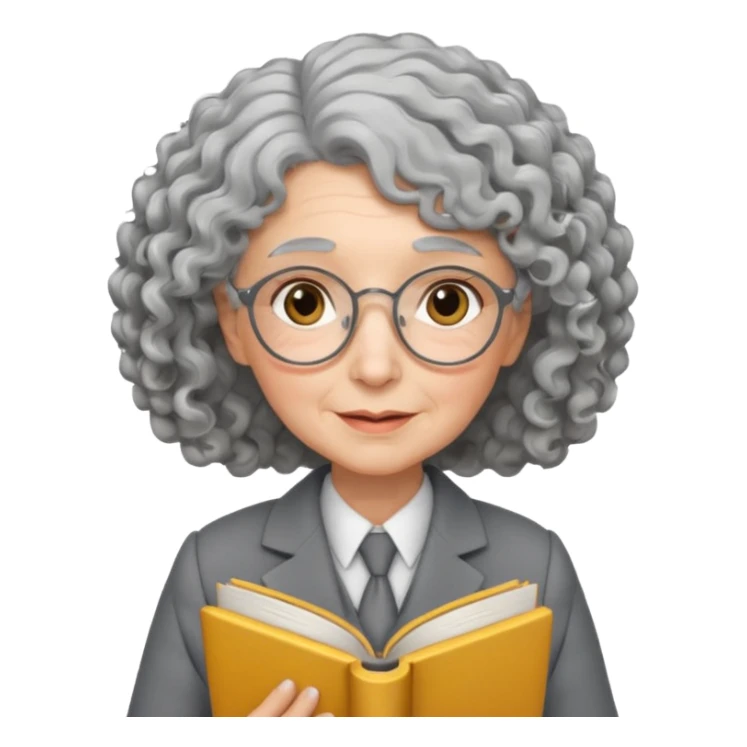 elderly female, curly hair, holding book, wearing gray suit sticker
