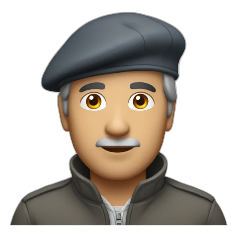 Grey photo of a middle aged man looking up while wearing a jacket and a beret sticker