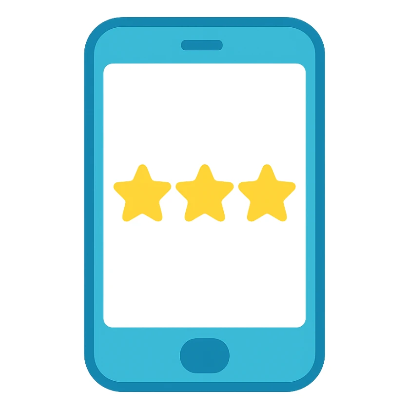 Smartphone icon with three yellow stars aligned in a row on the screen, flat emoji style, outline with blue and turquoise colors, screen filled solid white sticker