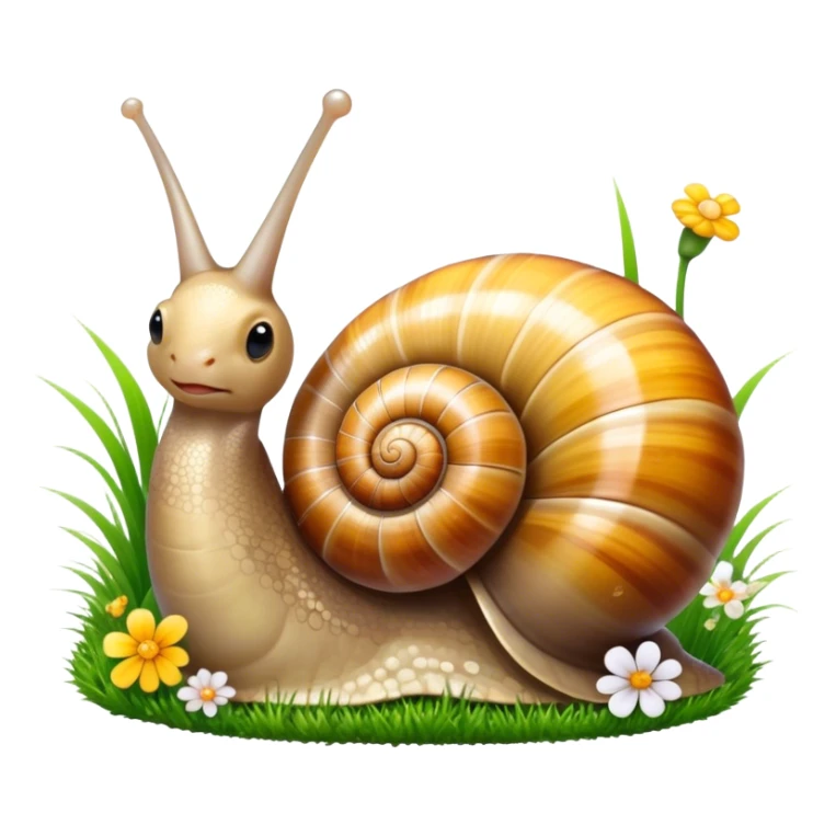 Close-up of large home snails inside a terrarium, showcasing their soft, spiral shells and glistening bodies, with a gentle light highlighting their details. With stones and grass and flowers. Transparent background. sticker