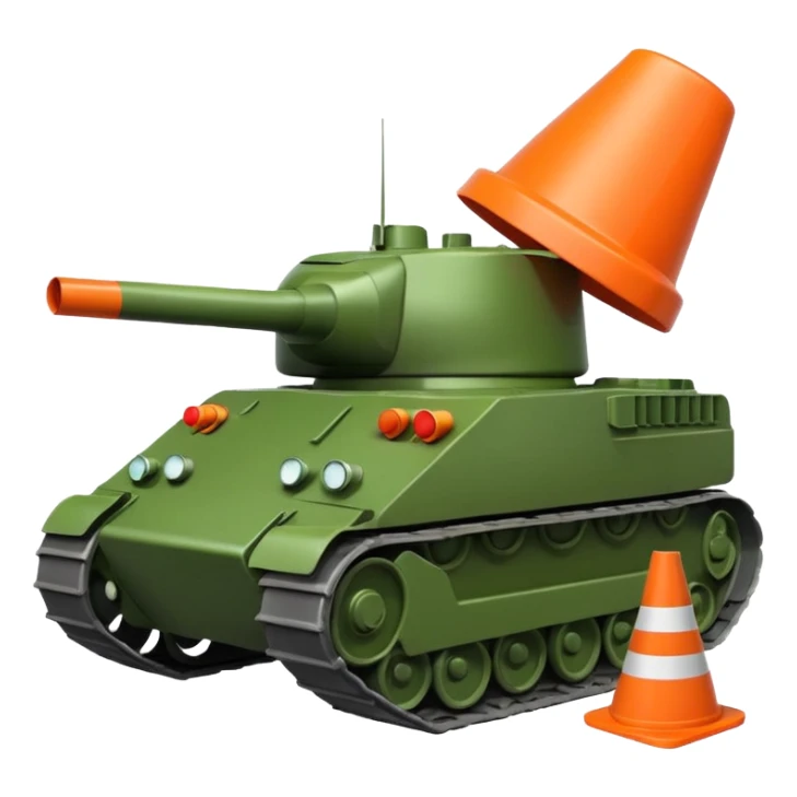 green military tank with an evil expression crushing a traffic cone with a sad face under its treads, emoji style sticker