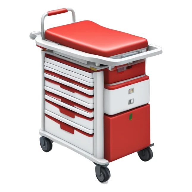 Singular Red medical crash cart is a mobile, multi-drawer unit designed to store and organize emergency medical supplies and equipment and a cardiac defibrillator on top sticker