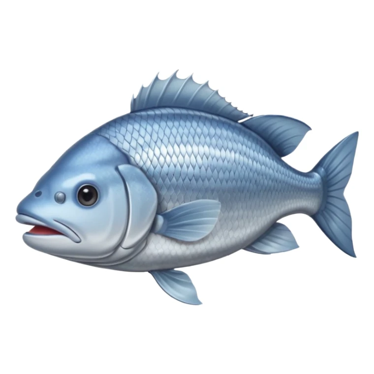 whole raw sea bass, silvery metallic skin, light grey-blue top, pale underbelly, fresh, glossy, natural scales, closed mouth, clear eyes, visible fins and tail, relaxed, soft lighting, subtle shadows, no plate, no background, no faces, transparent background, emoji scale sticker