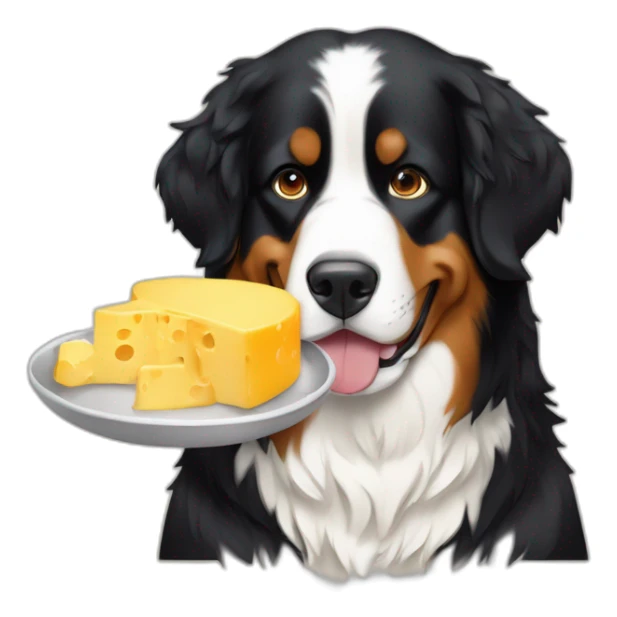 A Bernese mountain dog eating a cheese fondue sticker
