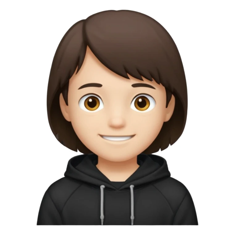 A brunette boy, short straight hair, light brown eyes, with a black sweatshirt with a hoodie, and smile  sticker