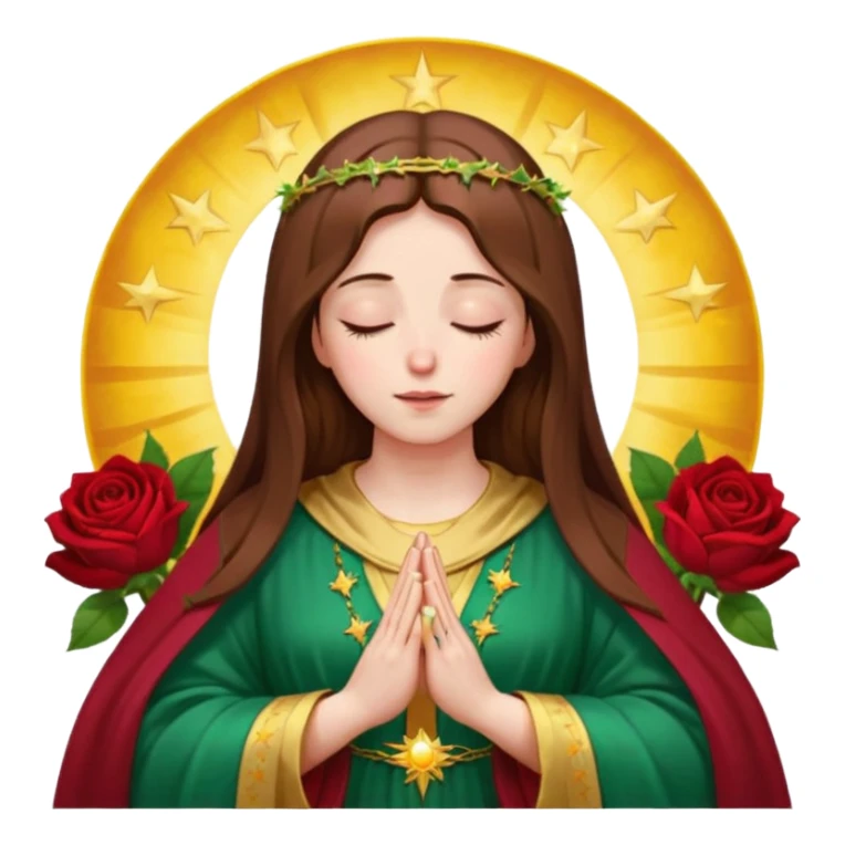 Virgin Mary with a kind face looking down to the left, long brown hair, wearing an emerald green robe with gold stars, burgundy red dress, hands in prayer, halo around her head, standing in front of a big sun, colorful roses on the sides sticker