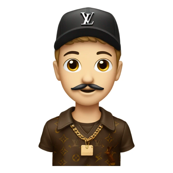 boy with mustache and buck, with louis vuitton cap sticker