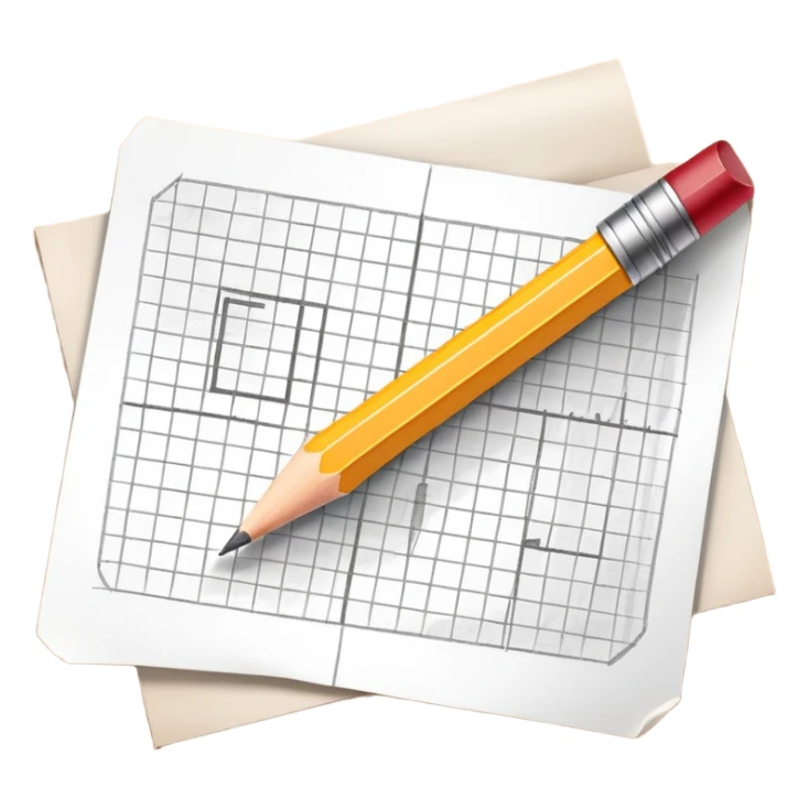 A pencil is placed over a sheet of paper grid, representing the sketching phase of a logo sticker