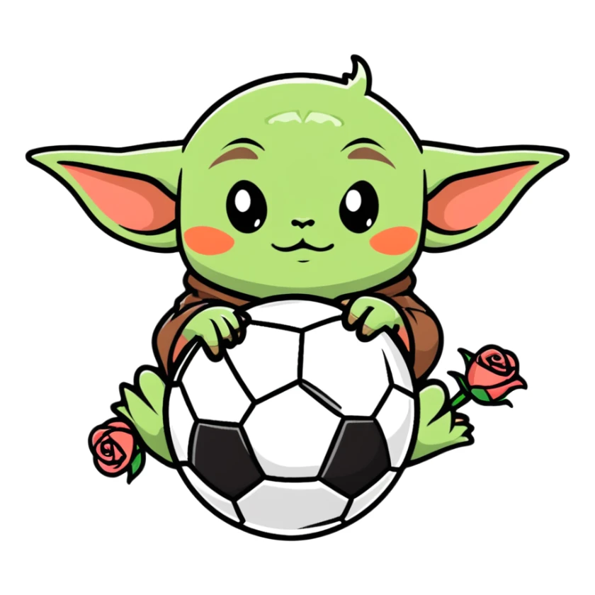 baby yoda kicking a soccer ball with small roses beside him sticker