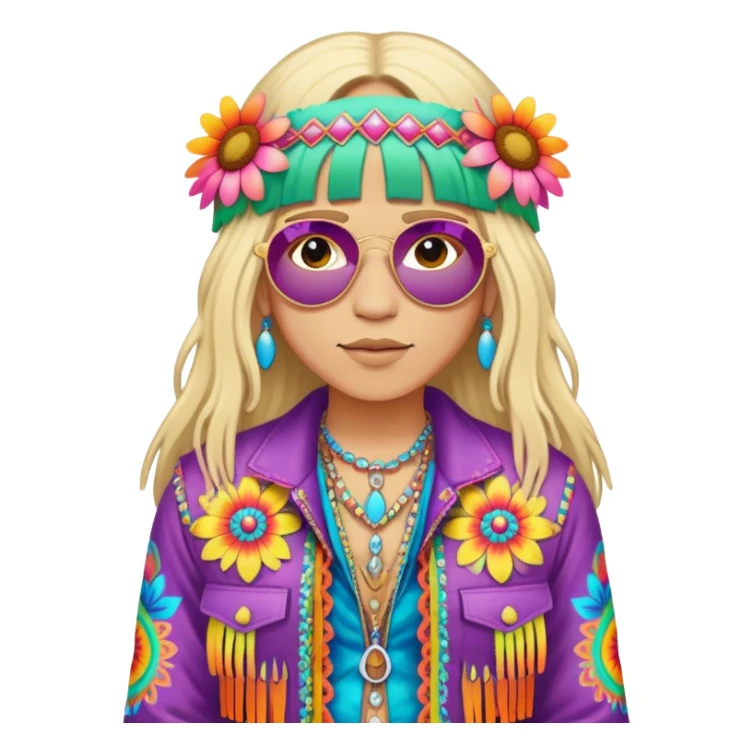 3D, psychedelic colored hippie wearing hip huggers and a fringed jacket with flower border sticker