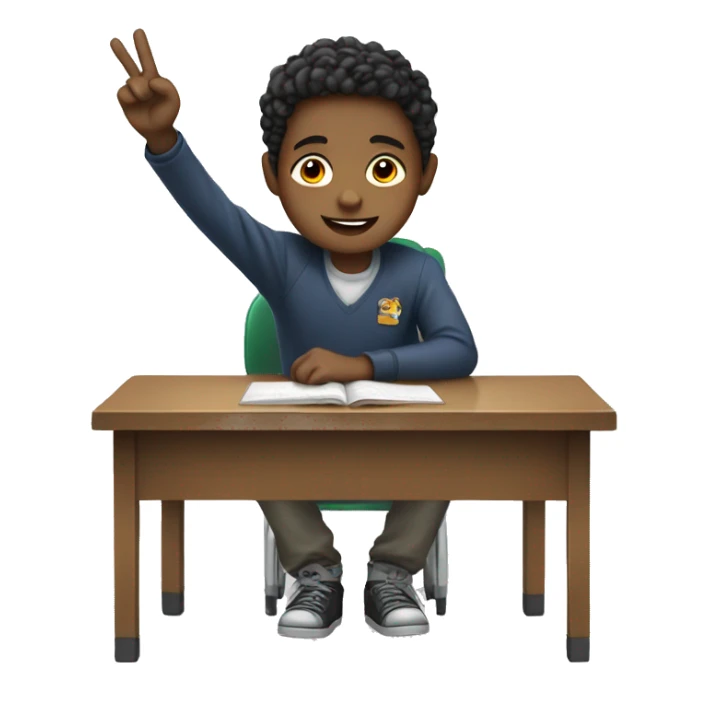 boy is sitting at school desk, hand is raised sticker