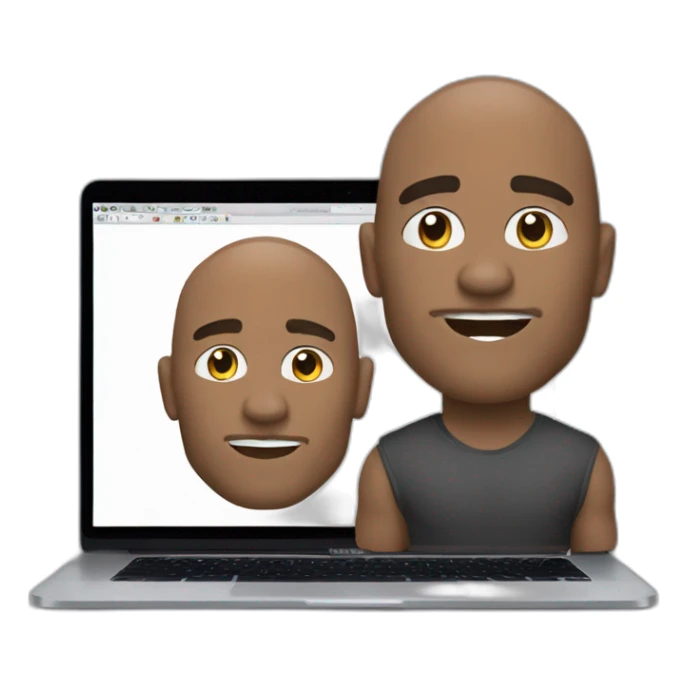 video editor in front of a macbook looking like Dwayne Douglas Johnson sticker