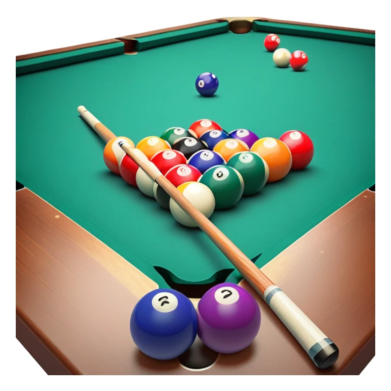 Two crossed pool cues resting on a billiard table, with colorful billiard balls scattered across the surface. The background features the felt of the table, creating an inviting atmosphere for a game of precision and strategy sticker