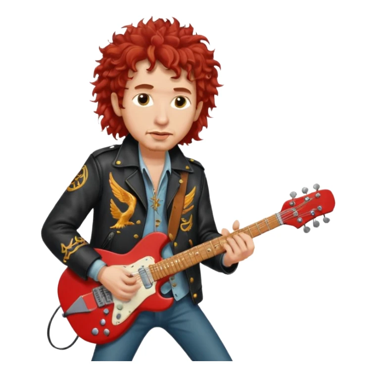 realistic cinematic Bob Dylan, unshaven and long haired, in a motor jacket embroidered with bronze cranes, plays an electric guitar, his long curly hair is red from the spotlights sticker