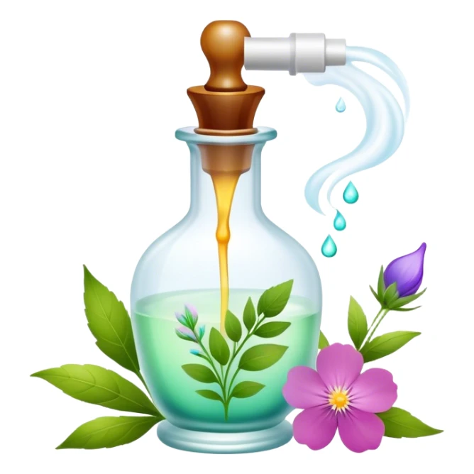 Perfume making icon, delicate glass bottle being filled with colorful essential oils from droppers, swirling mist rising from the bottle, flowers and herbs nearby, minimalistic style, clean lines, transparent background. sticker