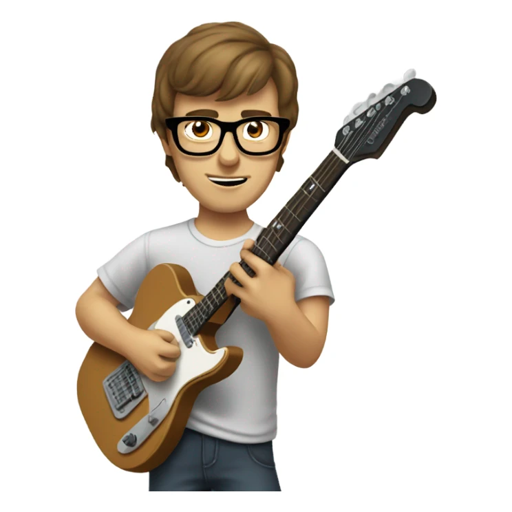 A nerdy guy with glasses and short brown hair playing a telescaster sticker