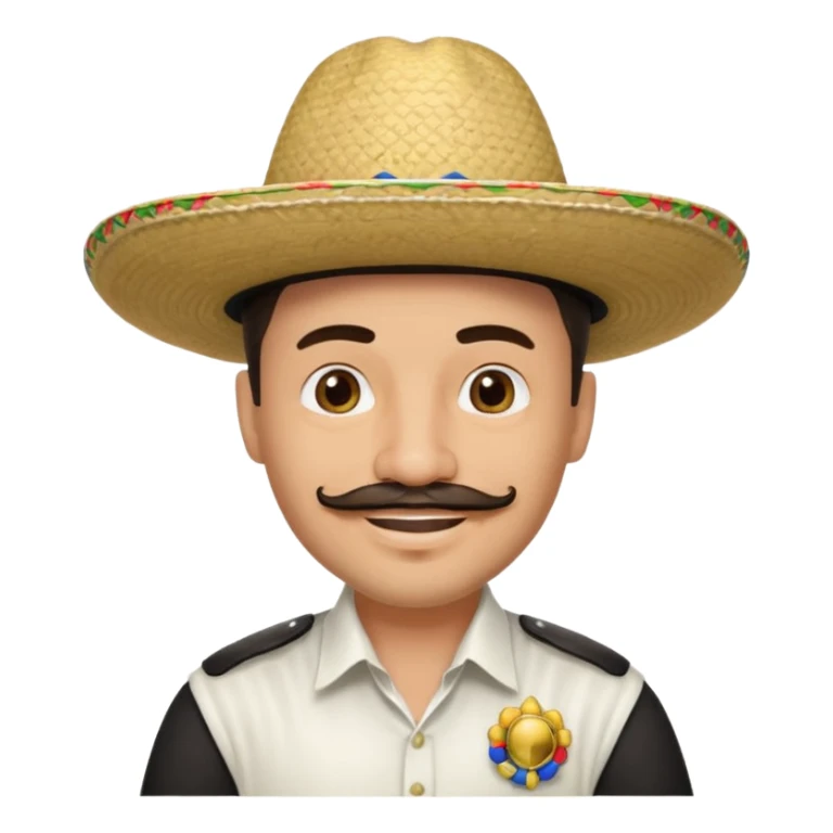 A happy, light skinned, Colombian man, with a small not connected mustache, a small gotee, wearing a Colombian Sombrero Voltiao with black rings on it, and wearing a white dress shirt sticker