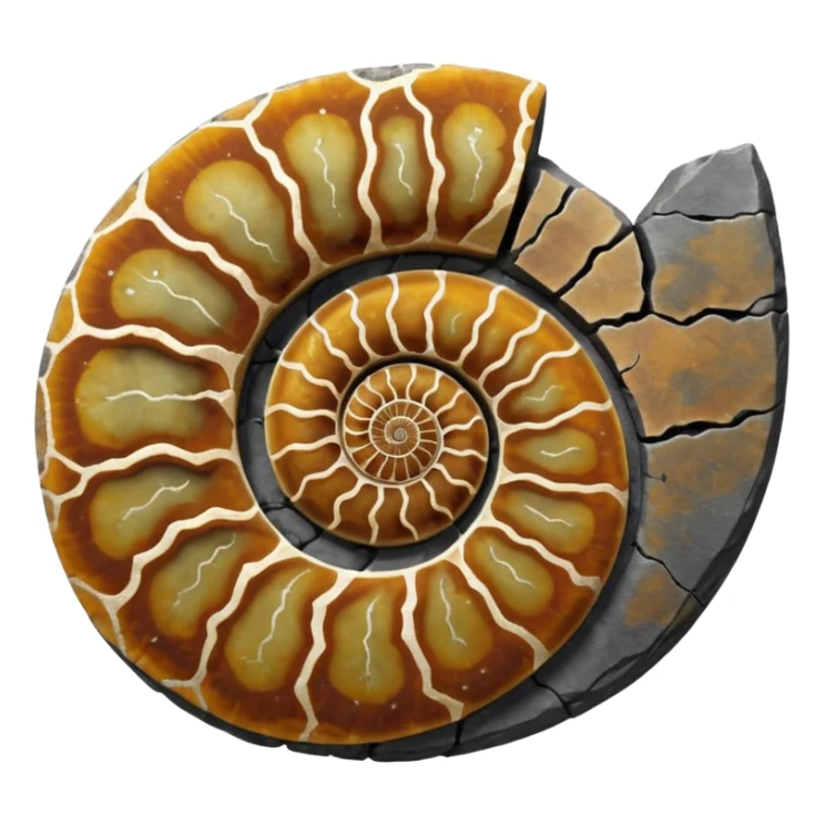 3D render of Ammonite, embedded in a chunk of rough sedimentary rock, cracked stone texture, ancient fossil aesthetic, embedded in dark grey slate stone, matte dry finish, Apple emoji style, isolated on white background --v 6.0 sticker