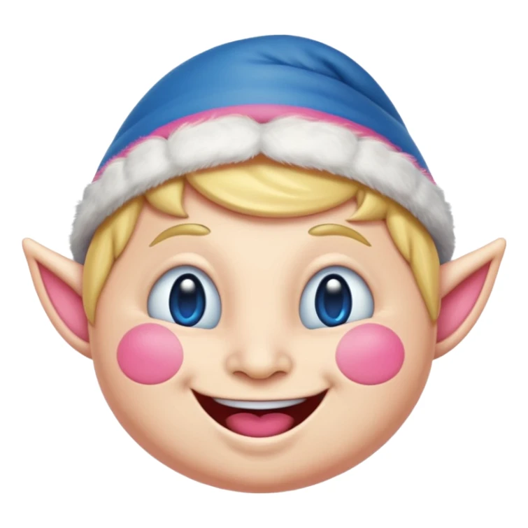 A blue emoji with fat pink cheeks and is smiling like a elf sticker