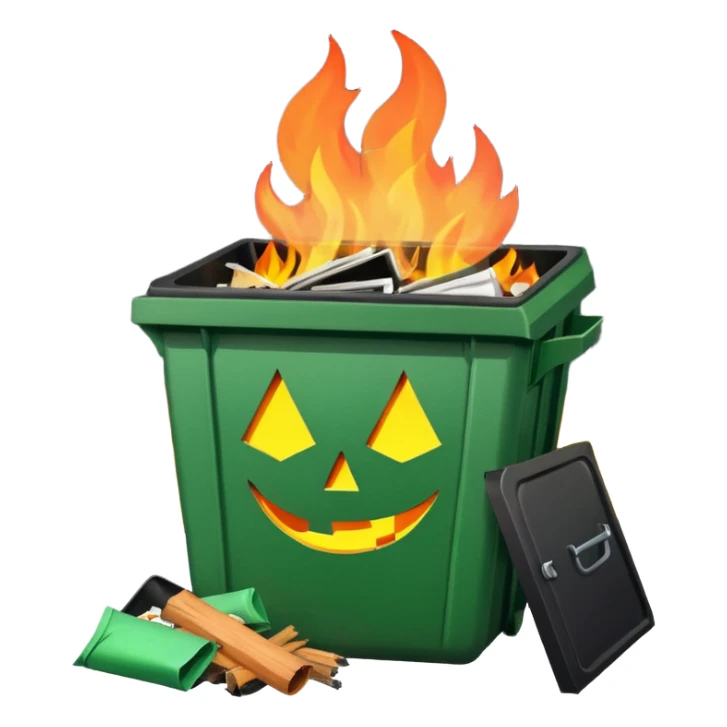 Green smiling dumpster with an open black lid and a fire burning inside it. there is litter and trash on the ground around it sticker