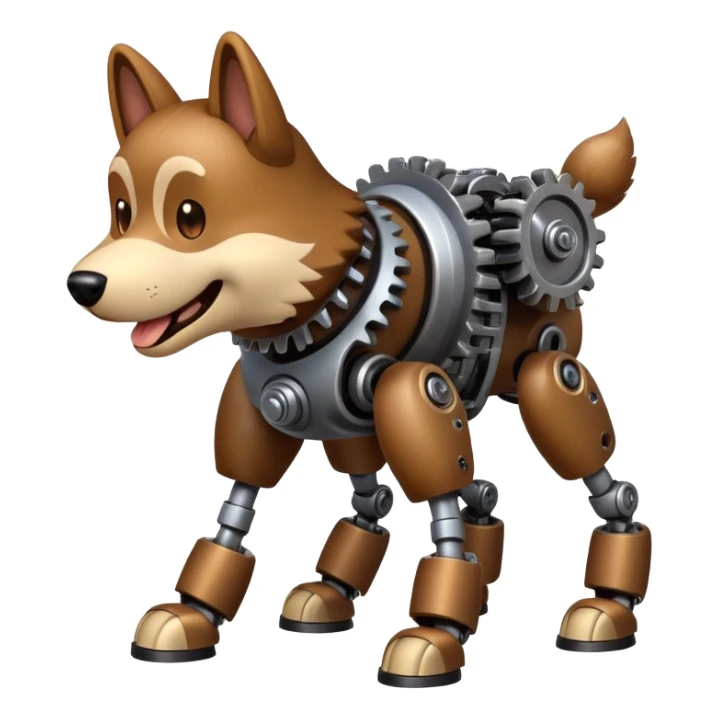 dog with friendly face and fur on top, mechanical legs and lower body with visible gears and metal, emoji style sticker